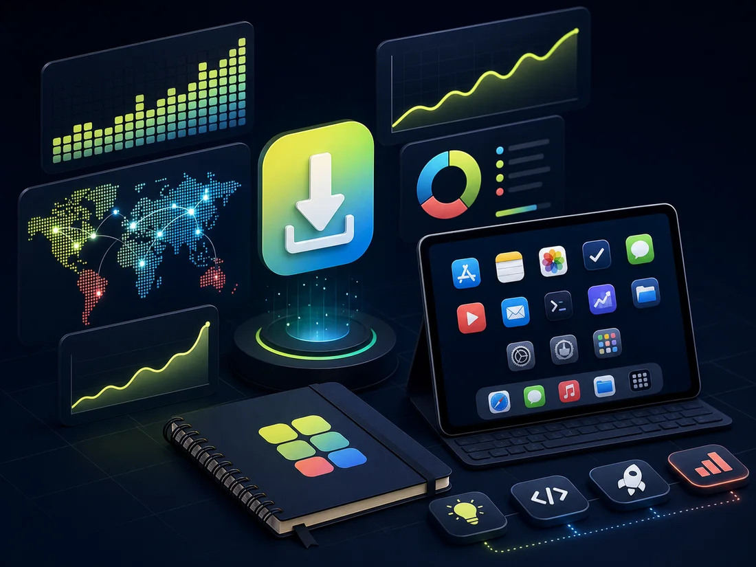 iPadian growth story artwork with download metrics, global traffic, app icons, and product dashboard visuals