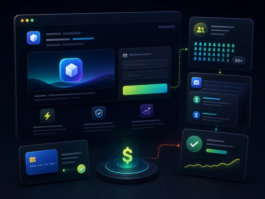 Artwork for proving people will pay with a landing page, waitlist cards, and validation checkmarks