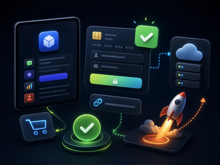 Artwork for taking payment with checkout cards, a payment link, deployment cloud, and launch rocket