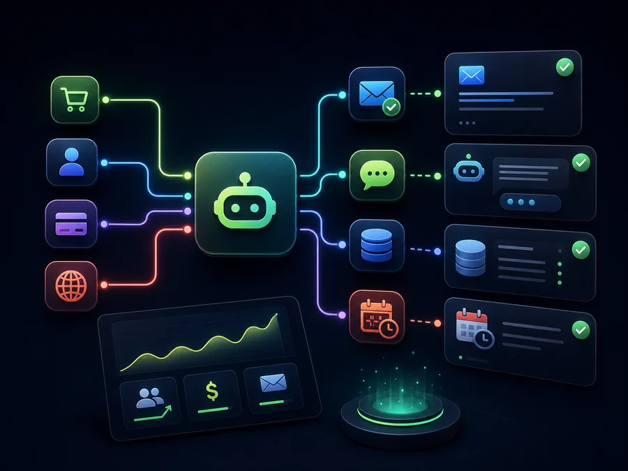 Artwork for automation with workflow nodes, email cards, chatbot bubbles, database, and clock triggers