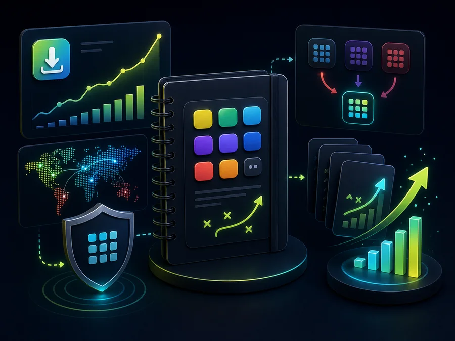 Artwork for copying the iPadian playbook with growth dashboards, world map dots, market shift arrows, and scaling graph